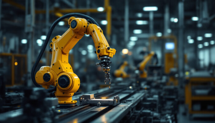 A photograph of a mird 250 industrial robot in action within a manufacturing environment