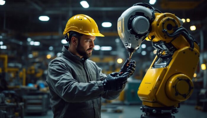 A photograph of a skilled technician performing a safety inspection on an industrial robot in a well-lit manufacturing environment