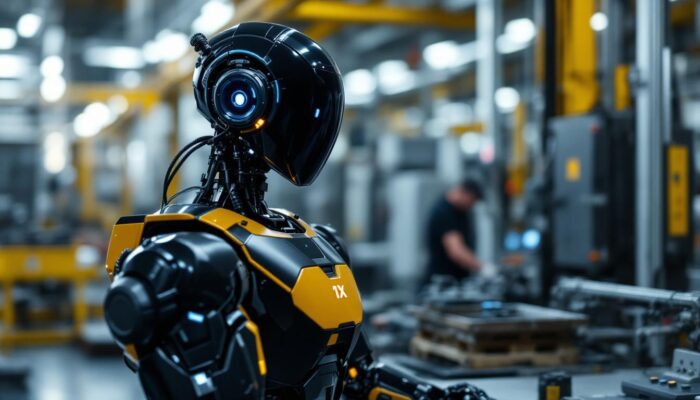 A photograph of a sleek 1x neo robot in an industrial setting