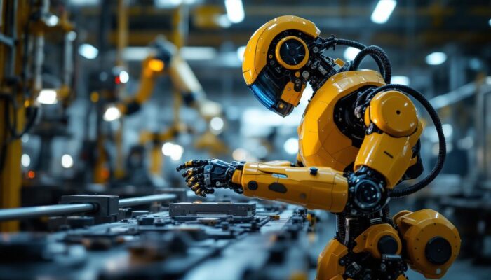 A photograph of a sleek industrial robot in action within a manufacturing environment