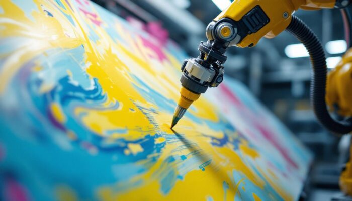 A photograph of a robotic arm in action as it meticulously applies vibrant paint to a large canvas