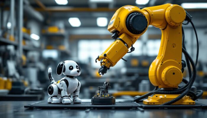 A photograph of a playful toy robot dog interacting with a sleek