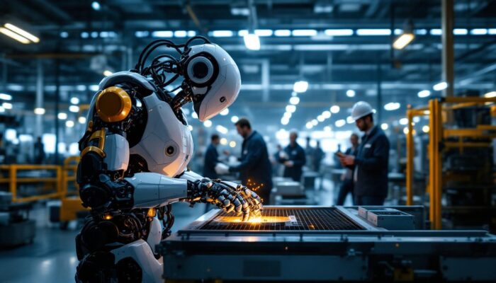 A photograph of a sleek industrial robot in action