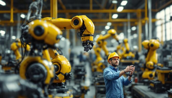 A photograph of a diverse array of industrial robots in action within a manufacturing setting