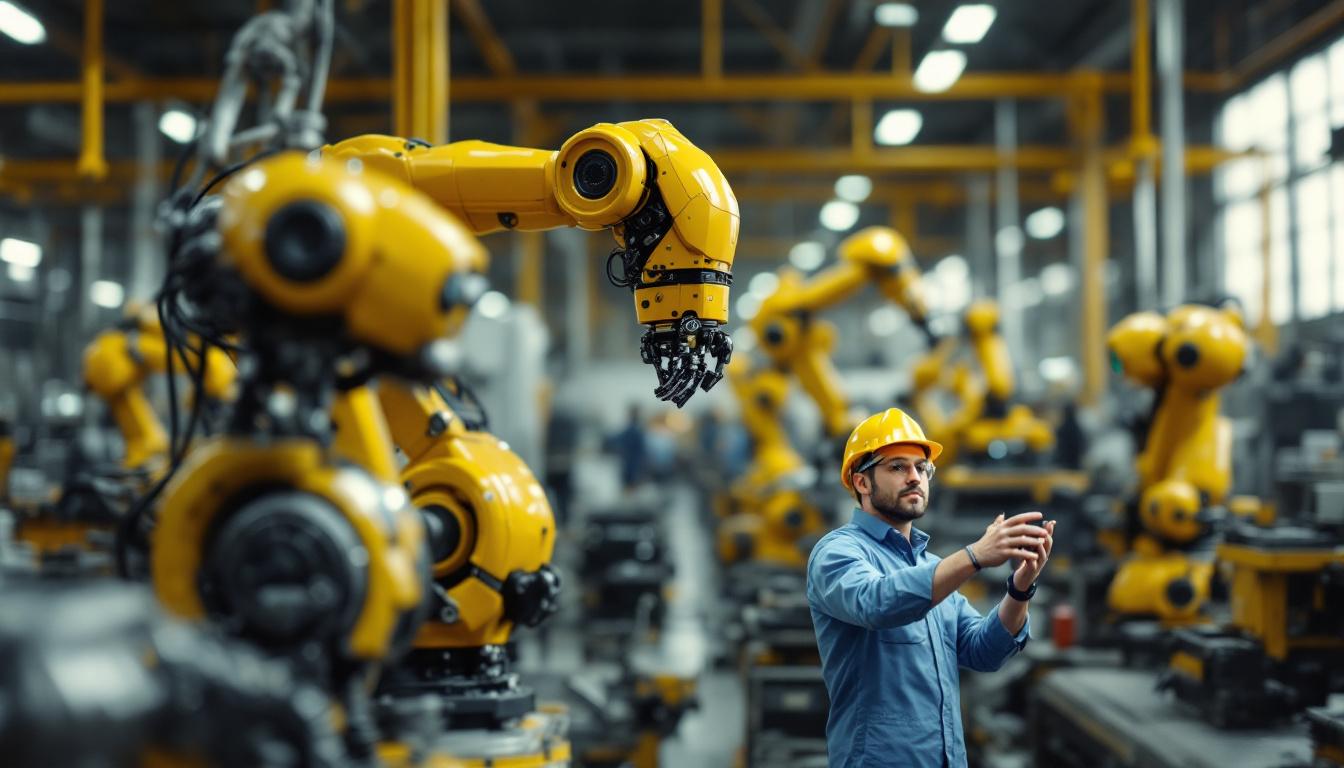 A photograph of a diverse array of industrial robots in action within a manufacturing setting
