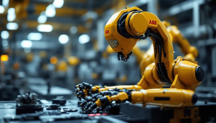 A photograph of a sleek abb industrial robot in action on a factory floor
