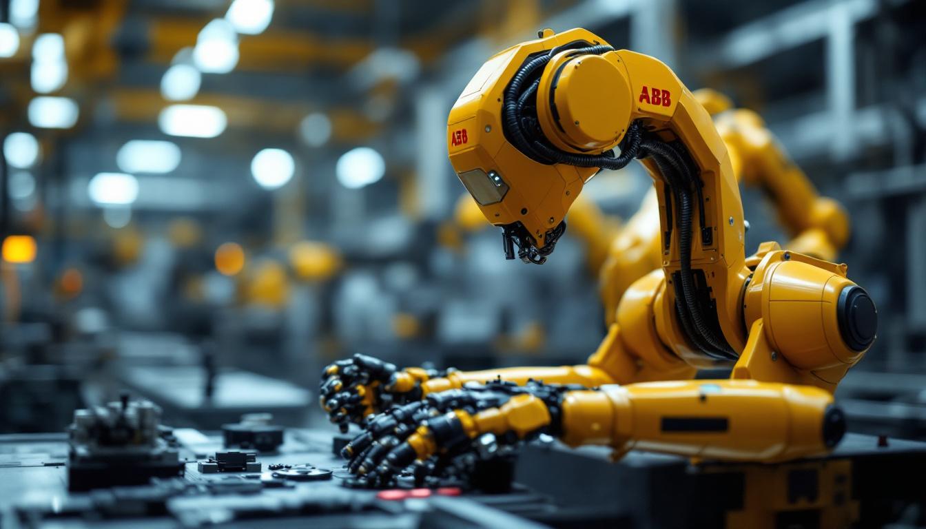 A photograph of a sleek abb industrial robot in action on a factory floor