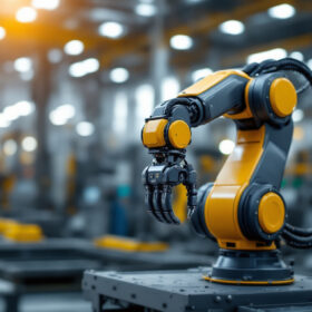 A photograph of a sleek industrial robotic arm in action