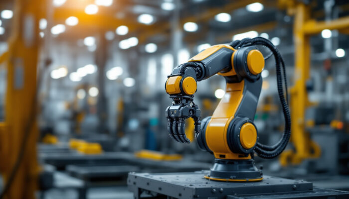 A photograph of a sleek industrial robotic arm in action