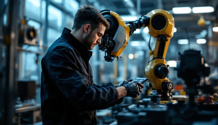 A photograph of a skilled technician assembling or programming an industrial robot within a modern manufacturing environment