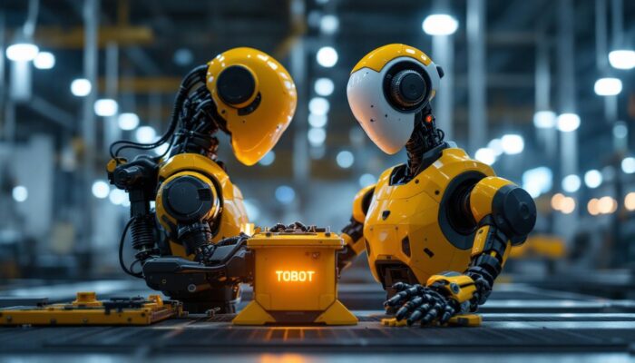 A photograph of a modern industrial robot in action on a factory floor