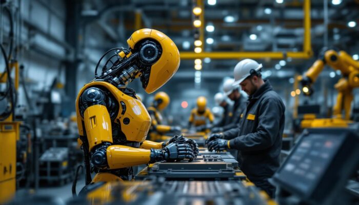 A photograph of a modern industrial setting showcasing a collaborative robot (cobot) working alongside human workers on an assembly line