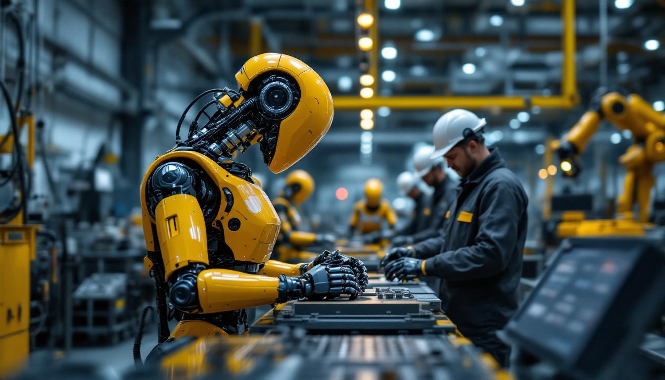 A photograph of a modern industrial setting showcasing a collaborative robot (cobot) working alongside human workers on an assembly line