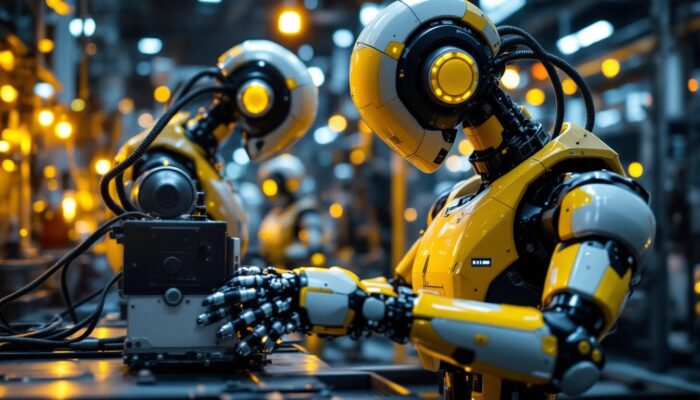 A photograph of a sleek industrial robot in action