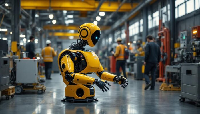 A photograph of a tesla bot prototype in an industrial setting