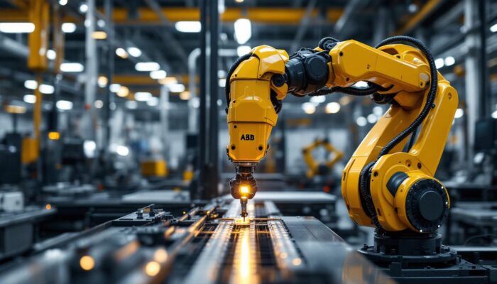 A photograph of a sleek abb industrial robot in action within a modern manufacturing environment