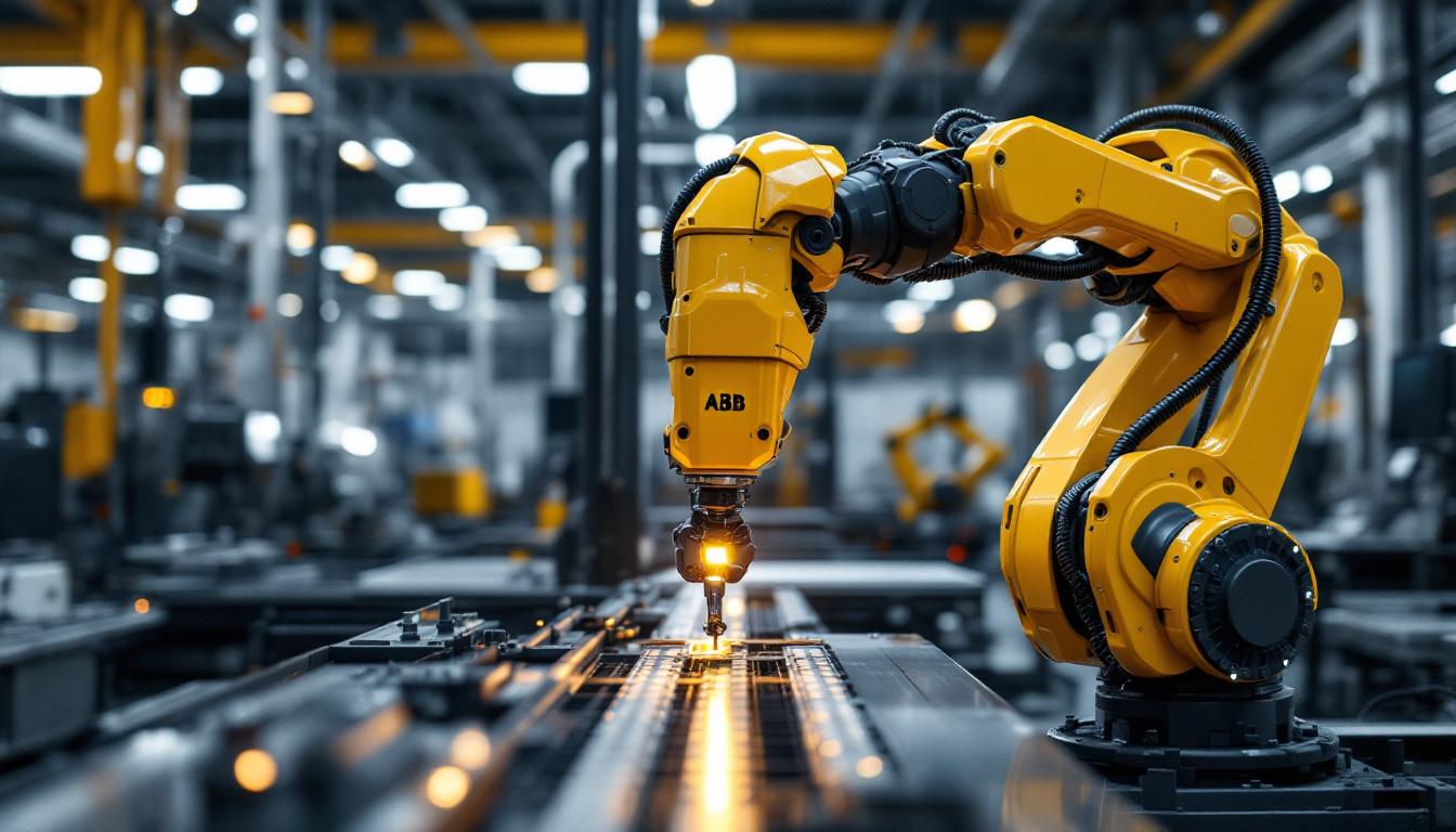 A photograph of a sleek abb industrial robot in action within a modern manufacturing environment