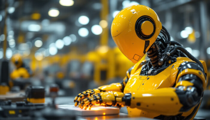 A photograph of a sleek industrial robot in action