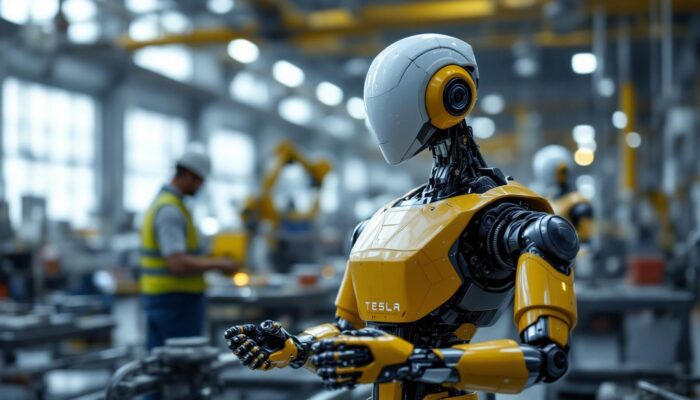A photograph of a tesla robot in an industrial setting