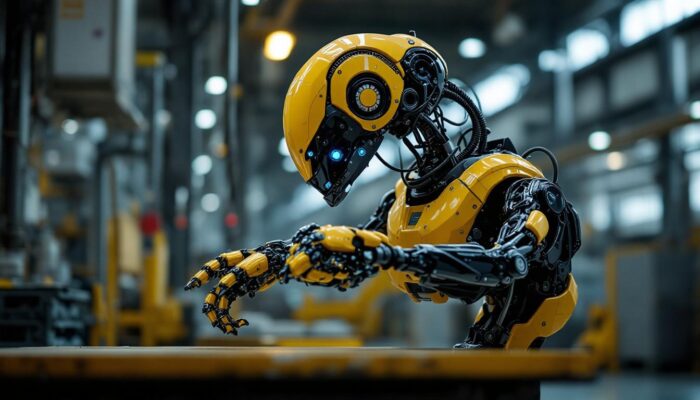 A photograph of a boston dynamics robot in action within an industrial setting