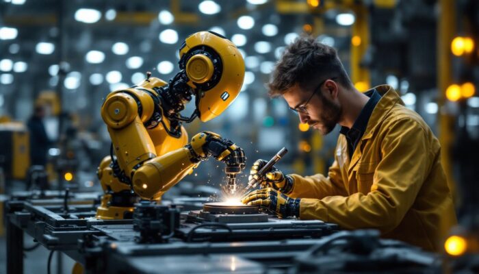 A photograph of a modern industrial robot in action