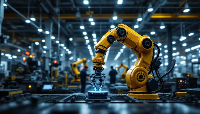 A photograph of a sleek industrial robotic arm in action within a modern manufacturing facility