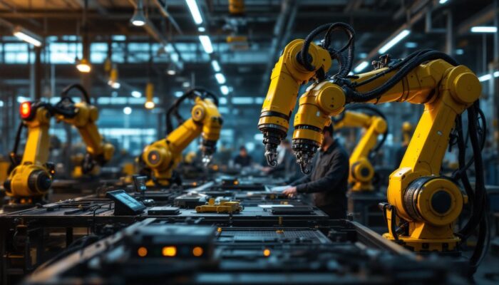 A photograph of a dynamic industrial robotics environment