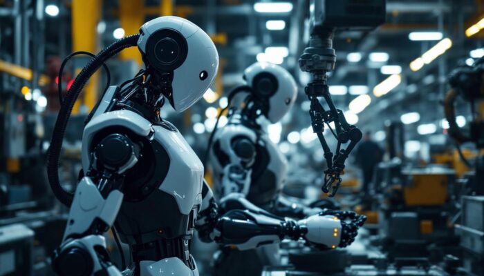 A photograph of a tesla bot in an industrial setting