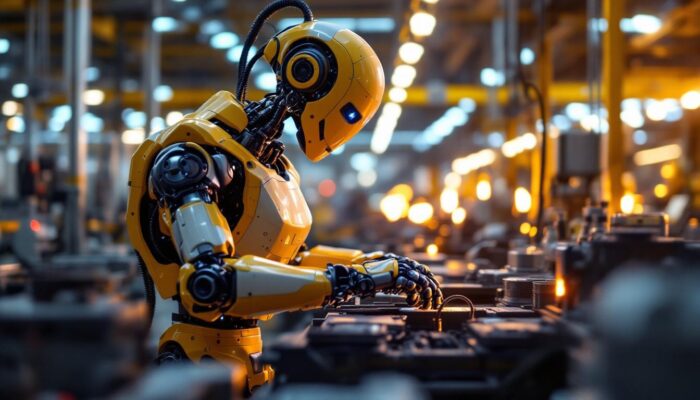 A photograph of a sleek industrial robot in action on a factory floor