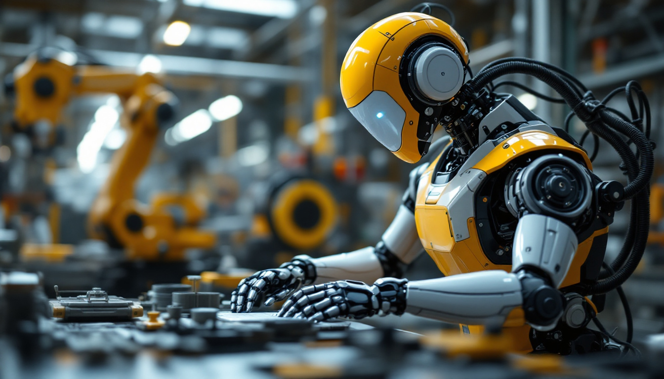 A photograph of a modern industrial robot in action on a factory floor