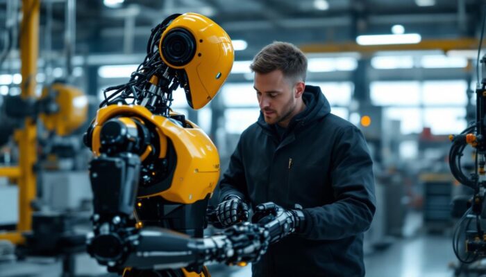 A photograph of a collaborative robot (cobot) working alongside a human in an industrial setting