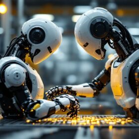 A photograph of a sleek industrial robot in action on a factory floor