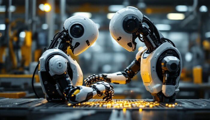 A photograph of a sleek industrial robot in action on a factory floor