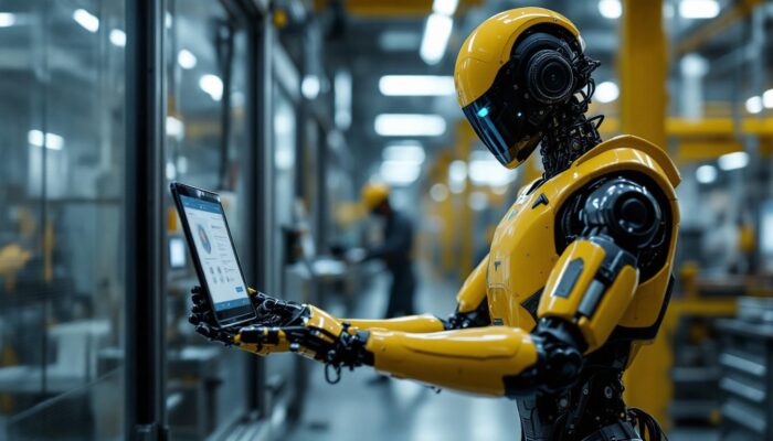A photograph of a tesla humanoid robot in an industrial setting