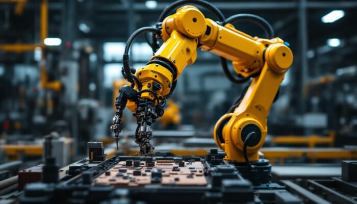 A photograph of a cartesian robot arm in action within an industrial setting