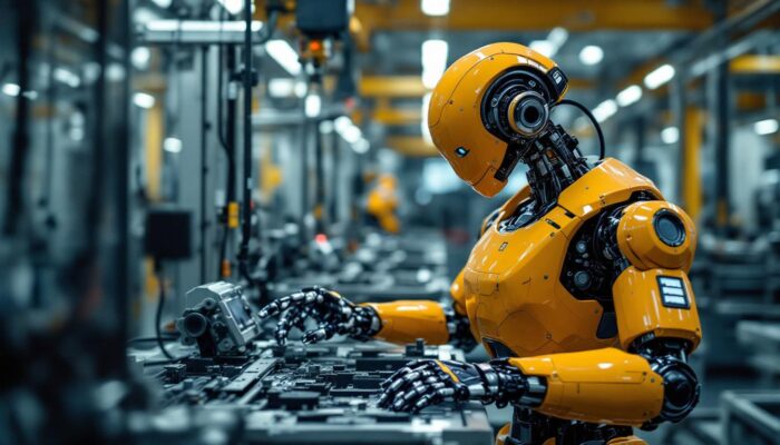 A photograph of a sleek industrial robot in action within a modern manufacturing facility
