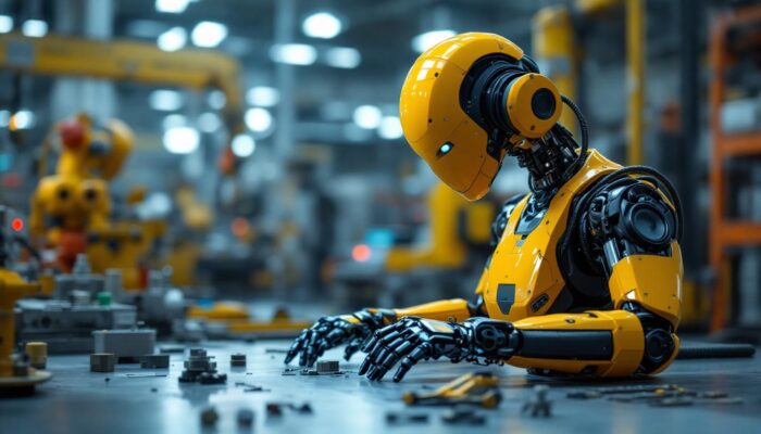 A photograph of a sleek industrial robot in action