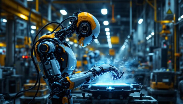 A photograph of a modern industrial robot in action within a manufacturing environment