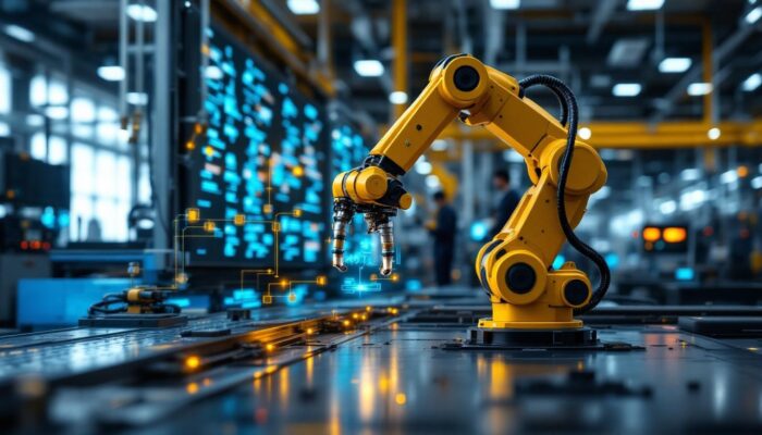 A photograph of a modern industrial setting featuring advanced robotics in action