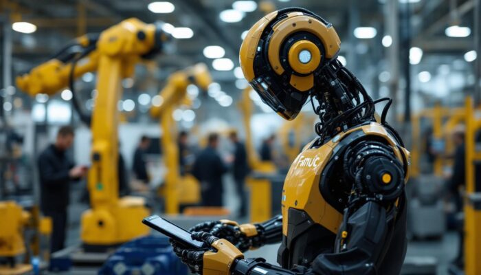 A photograph of a fanuc collaborative robot (cobot) in an industrial setting