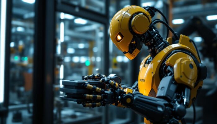 A photograph of a modern industrial robot in action within a manufacturing environment