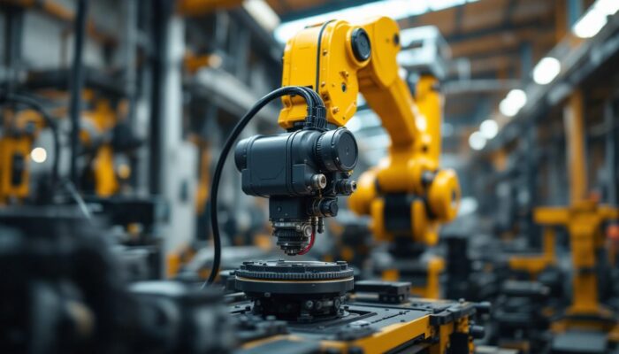A photograph of a hydraulic robot in action within an industrial setting