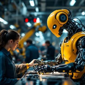 A photograph of a hanson robotics robot in a dynamic industrial setting