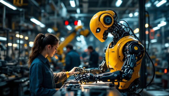 A photograph of a hanson robotics robot in a dynamic industrial setting