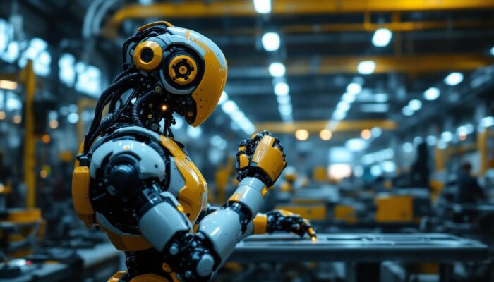 A photograph of a modern industrial robot in action within a manufacturing environment