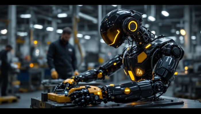 A photograph of a tesla bot prototype in an industrial setting