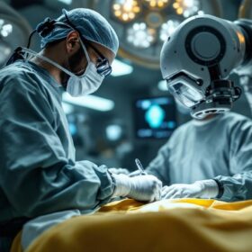 A photograph of a skilled surgeon operating a state-of-the-art robotic surgical system in a modern operating room