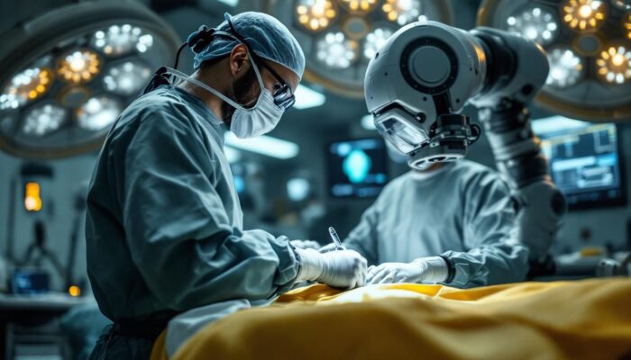 A photograph of a skilled surgeon operating a state-of-the-art robotic surgical system in a modern operating room