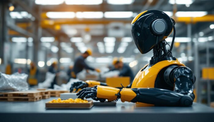 A photograph of a sleek anzu robotics industrial robot in action within a modern manufacturing environment