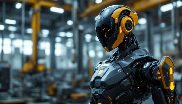 A photograph of a futuristic military robot in an industrial setting